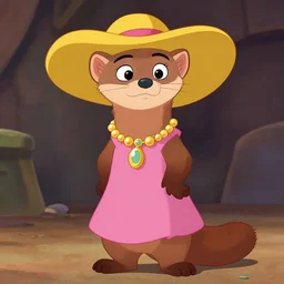 female marten character : wearing jewelry and pink dress and yellow hat : head torso legs feet : lorax movie : artstation : cel shading