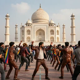photo of crowd of men wearing leather clothes with rainbow flags dancing at ( ( ( ( taj mahal ) ) ) ), well framed, sharp focus, 8 k, beautiful, award winning photo, highly detailed, intricate, centered, soft clouds
