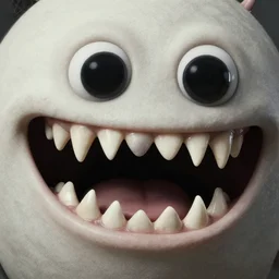 A weird anthropomorphic creature with large, sharp teeth and black eyes.