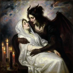 a renaissance oil painting by alma tadema of demonic beautiful vampire woman mistress of death mourning widow embraced by the devil's arms, cloudy nebula background, faint smile dark lipstick, hair bun, a bunch of massive dark lit candles, colourful pastel trending artstation, detailed portrait academic bouguereau caravaggio high shadow contrast