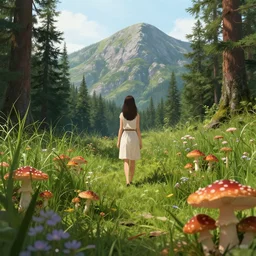 Woman on a mountain surrounded by mushrooms, lush mushroom forest, tall grass, flowers, scenic, valley in the background, expansive, sense of scale, depth, 8k, trending on artstation