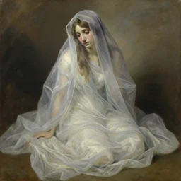 loose painting of a sad fragile beautiful veiled girl covered in translucent flowing dress, endless flowing ethereal drapery, classical greece, alla prima, oil painting, by giovanni strazza, sargent and raffaelo monti