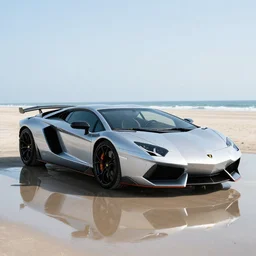 A beautiful silver Lamborghini aventador on the beach, 8k, ray tracing reflections