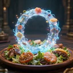 a closeup of a magically generatrd food. medieval. wooden plate. delicacies. salad. ring that generates food and water. magic. particles. cinematic lighting. particle lights. magical ring. houdini. magical. trending on artstation, craig mullins, rutkowski