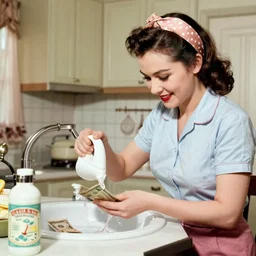 a vintage photograph of a 1 9 5 0 s house wife washing dollar bills with detergent