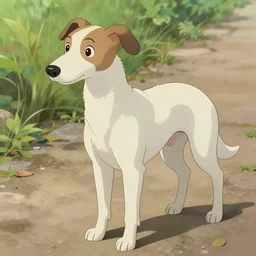 cute white brown greyhound with a brown ear, natural lighting, path traced, highly detailed, high quality, digital painting, by don bluth and ross tran and studio ghibli and alphonse mucha, artgerm