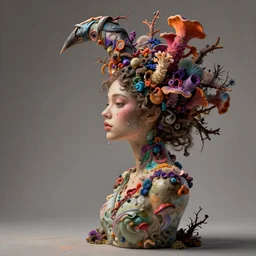flume and former cover art future bass girl un wrapped statue bust curls of hair petite lush side view body droplets photography model full body untouched art contrast vibrant branches futuristic fabric only skin fungi material style of Jonathan Zawada, Thisset colours simple background objective detail DMT peyote