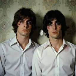 two beautiful but sinister young men wearing oxford shirts in layers of fear, with haunted eyes and dark hair, 1 9 7 0 s, seventies, wallpaper, a little blood, moonlight showing injuries, delicate embellishments, painterly, offset printing technique, by brom, robert henri, walter popp