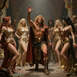 art by donato giancola and bayard wu and gustav moreau and wayne barlowe and frank frazetta and boris vallejo, a fantasy cinematic shot of our hero entering the harem as he is tempted by beautiful women, dnd, movie still, 8 k hdr 8 0 mm