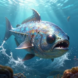 angler fish as fantasy deep sea submarine, blind eyes, scars, epic, splashes of water, terrifying, intense, an ultrafine hyperdetailed illustration, sharp focus, bright colors, destiny 2, fantasy, d & d, unreal engine 5, global illumination, radiant light