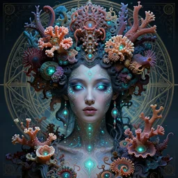 hyperrealistic fashion portrait of the beautiful young goddess of fractal coral lights, uniquely gorgeous with large elaborate cyberpunk fractal headdress of sea flowers and sea creatures, strong cyberpunk bioluminescent make - up, emotionally evoking symbolic metaphors, head in focus, heavily ornamental, sacred geometry sublime, elegant, sensual, etheric, moody, highly detailed digital painting, artstation, golden ratio, sharp focus, art by h. r. giger and ernst haeckel, alphonse mucha, wlop