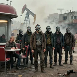 waiting in line for crude oil by simon stalenhag and gil elvgren and tom bagshaw and marc simonetti and jan miense molenaer and arthur adams, dystopian slums, diner scene, highly detailed, hyperrealism, smog, gas masks, blended palette