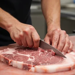 low angle view closeup of a butcher working