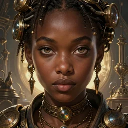 african steampunk alchemist, science fiction, highly detailed, digital painting, beautiful eyes, symmetry, concept art, sharp focus, illustration, global illumination, radiant light, detailed and intricate environment, art by artgerm and greg rutkowski and magali villeneuve and ilya kuvshinov!