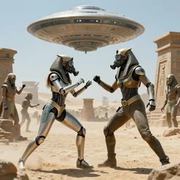 big budget scifi movie set in ancient egypt with ufo, aliens and with female cyborg in rubber and gas mask fighting with each other