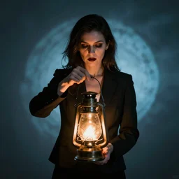 a satanist businesswoman, magic lantern projection, photograph
