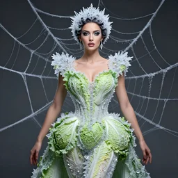 expressive portrait of a beautifull godess in spiderweb with ice crystals, dress made of cabbages, glamour shot, by karol bak, stefan gesell, photorealistic, nikon d 4 x, fashion photography, hyper maximalist, elegant, ornate, luxury, elite, environmental portrait, symmetrical features, octane render, unreal engine, solid dark grey background, dramatic lights, by