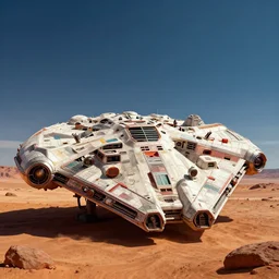 concept art millennium falcon in martian landscape, brutalism, colorful, syd mead, 4 k resolution, octane render, intricate, ultra detailed, medium full shot, volumetric lighting, cinematic lighting + masterpiece,
