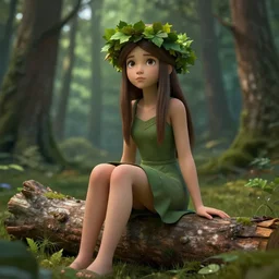 forest girl, leaf crown, sitting on a log, in a forest, by Greg Rutkowski, trending on artstation, unreal engine, 4k, digital art