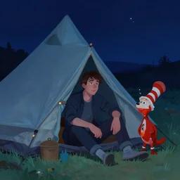 portrait of a tent sitting underneath the nights sky. comforting cool digital art pastelpiece masterpiece trending on artstation by noel fielding, beeple, james gunn, gorillaz, marvel studios and dr seuss. hyper detailed portrait with 4 k macrolens, curated by beeple, unreal engine, art station and emmy winning gorillaz.
