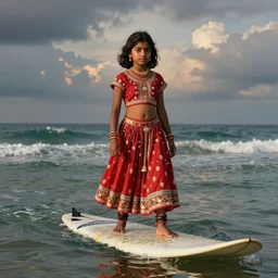 by carel willink passionate indian. the assemblage of a young girl in a traditional hula outfit. she is standing on a surfboard in front of a beautiful ocean landscape.