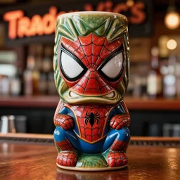 a closeup photorealistic photograph of a spider man style tiki mug sitting at a trader vic's bar featuring spider man's face. tiki theme. bright scene. fine detail. this 4 k hd image is trending on artstation, featured on behance, well - rendered, extra crisp, features intricate detail, epic composition and the style of unreal engine.