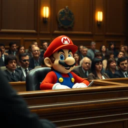 film still of super mario sitting at a courtroom desk testifying in court | a crowd of people sitting behind him in the new sci - fi movie