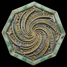 ornate twisting three dimensional multilayered runic pattern vortex inside a hexagonal shape, intricate detail, complex, jade, gold, silver, obsidian
