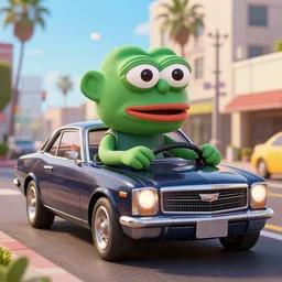 a 3 d cinematic render of a pepe, driving a cadillac downtown los angeles, cinematic rendering, 8 k, nvidia omniverse, unreal engine 5, highly detailed
