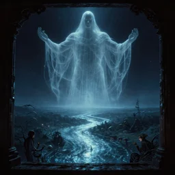 a huge translucent ghost, dark eerie movie frame, greek fantasy panorama, a magnificent ghost giant above the magic shining river styx, at night, otherworldly, ghost giant above the horizon, stanley kubrick, 1 7 mm, wide shot, surreal, deep