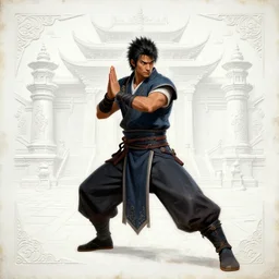 male human fantasy monk dnd character concept, face like Mark Dacascos and Irrfan Khan, final fantasy 14 tribal clothes, full-body illustration with martial arts pose, standing in front of a fantasy temple on the background, intricate complexity, wide shot, embossed weathered martial arts plain white background 5e artwork painting by aleksi briclot hard edge painting concept art digital art realistic
