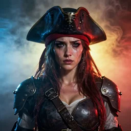 ( ( symmetry ) ) closeup portrait of a stunning armored cyborg egirl pirate captain ( ( ( crying in tears ) ) ), strong cinematic light, backlit, red yellow blue, viscous volumetric smoke, mist, by gerald brom, by mikhail vrubel, by peter elson, muted colors, extreme detail, trending on artstation, 8 k