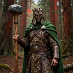 full portrait of a warrior, tree bark armor, big wooden club, green cloak, in a redwood forest, solarpunk, highly detailed, matte painting, by midjourney
