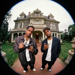 A photo of ASAP Rocky and Tyler The Creator in a Victorian mansion, 8K concept art, vintage camera, shot on Kodak Ektar, fish eye lens, color splash