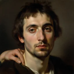 A beautiful painting of a man that has been pushed too far. A portrait of a man with a thousand-mile stare, whose soul has been replaced by a void. depth of field by Giorgio Barbarelli da Castelfranco, by Tatiana Suarez