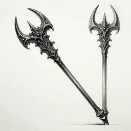 highly detailed schematic, technical drawing, side view, demonic scepter designs, fantasy weapon designs