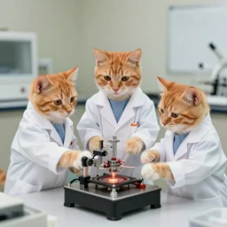 1 9 8 0's color photo, cute orange cats wearing white lab coats, supervising laboratory mechanical experiments