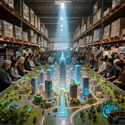 large group people in a huge warehouse, gathered around a tabletop city | cinematic concept art | godrays | 4 k | clear details | tabletop | hologram foreground