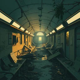 a stylized 2 d cinematic keyframe of a post - apocalyptic subway interior at dawn covered by nature, debris, abandoned, joy gaze, cel - shaded, classical animation, edge - to - edge print, rendered by studio ghibli, artgerm, alyssa monks, andreas rocha, david kassan, neil blevins, rule of thirds, golden ratio, ambient lighting, artgerm
