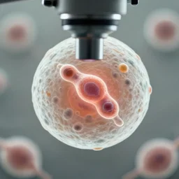 a singular cell undergoing cell division as seen through a microscope