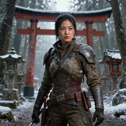 fallout 5, charismatic beautiful rugged asian female protagonist, portrait, outdoors in forest, tori gate!!! and shinto shrine!!! in the background, atmospheric lighting, painted, intricate, volumetric lighting, daytime, winter, blizzard, sharp focus, ultra detailed, art by william turner