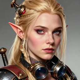 still from game of thrones of head and shoulders portrait, female artificer, gray eyes, welding goggles around neck, strawberry blonde, elf, d & d, steampunk, by artgerm, facial detail, extremely detailed, comic book cover photo