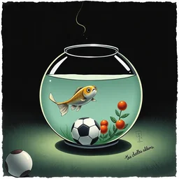 a fish in a fishbowl playing soccer, charles addams, dark