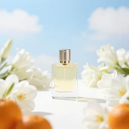 centered bright perfume bottle sitting on a white clean surface surrounded by a plethora of white flowers and oranges upfront, with dreamy bright blue sky and clouds in the background, softly - lit, soft - warm, zen, light, modern minimalist f 2 0 clean