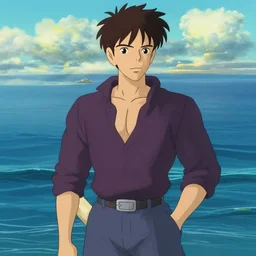 ocean, attractive male, in the style of studio ghibli, j. c. leyendecker, greg rutkowski, artgerm