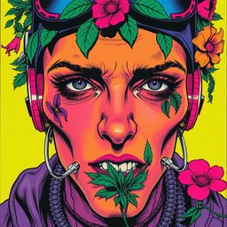 risograph grainy drawing cyberpunk antagonist face wearing cyberpunk accessories, bright colors, with huge piercings, face covered with plants and flowers, by moebius and satisho kon and dirk dzimirsky close - up portrait, hyperrealistic