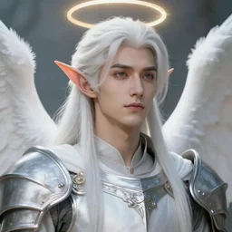 closeup portrait of a young beautiful calm and pious male aasimar paladin with white hair wearing white vestments under armor, pensive and hopeful expression, by Greg Rutkowski, intricate, masterpiece, angelic sharp, digital art, halo halo halo halo 8k