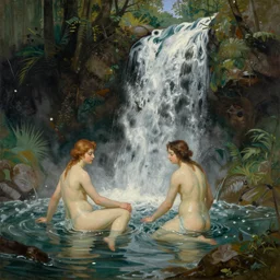 nouveau - art painting of 2 nymphs bathing under a waterfall in the forest