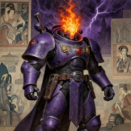 composition of gothic and futuristic, warhammer, cyber armor, more and more scars, thunderstorm, fire head, purple, highly detailed, artstation, in the style of moebius, jugendstil and classic japanese print, art by jean delville and rene magritte