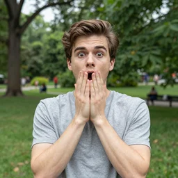 photo of a surprised young man in central park, eyes are misplaced